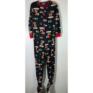 Womens Rudolph Footed Fleece One‎ Piece Pajamas Black Brown Red S